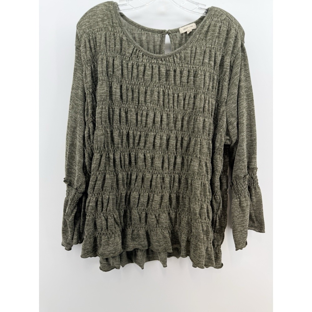 Paper & Tee Women's Green Gathered Top Long Sleeve 1X